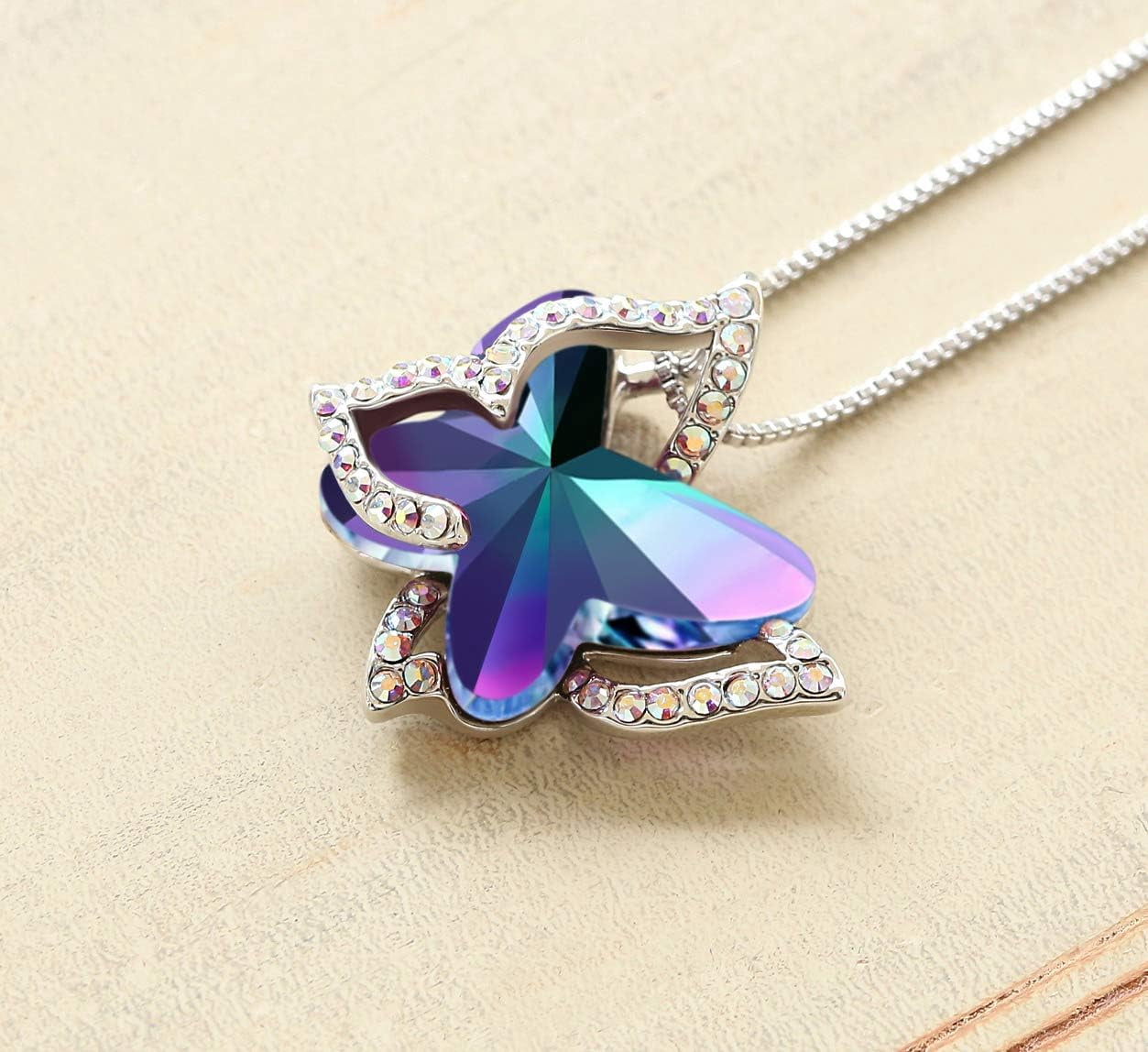 Leander Gift Butterfly Birthstone Crystal Necklace, Silver Tone with 18u201d+2u201d Chain, Necklace for Motheru2019s Day Anniversary Birthday Gifts for Women and Daughter