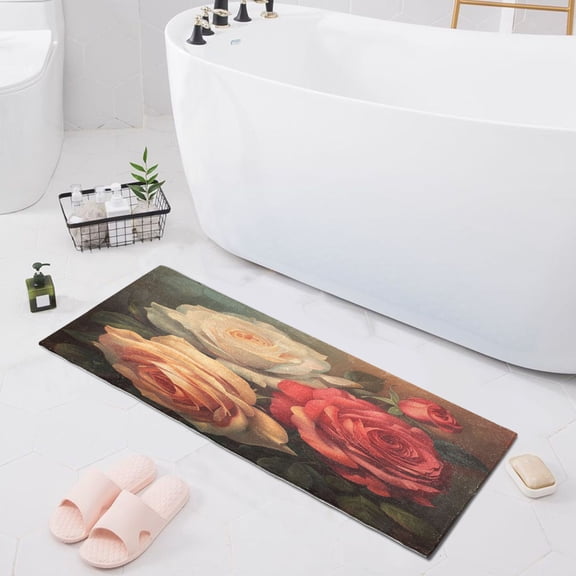 Red Pink Cream Rose Bath Mat 39x20 Non-Slip Bathroom Rugs Absorbent Soft Plush Quick Dry for Tub Shower Kitchen Home Decor