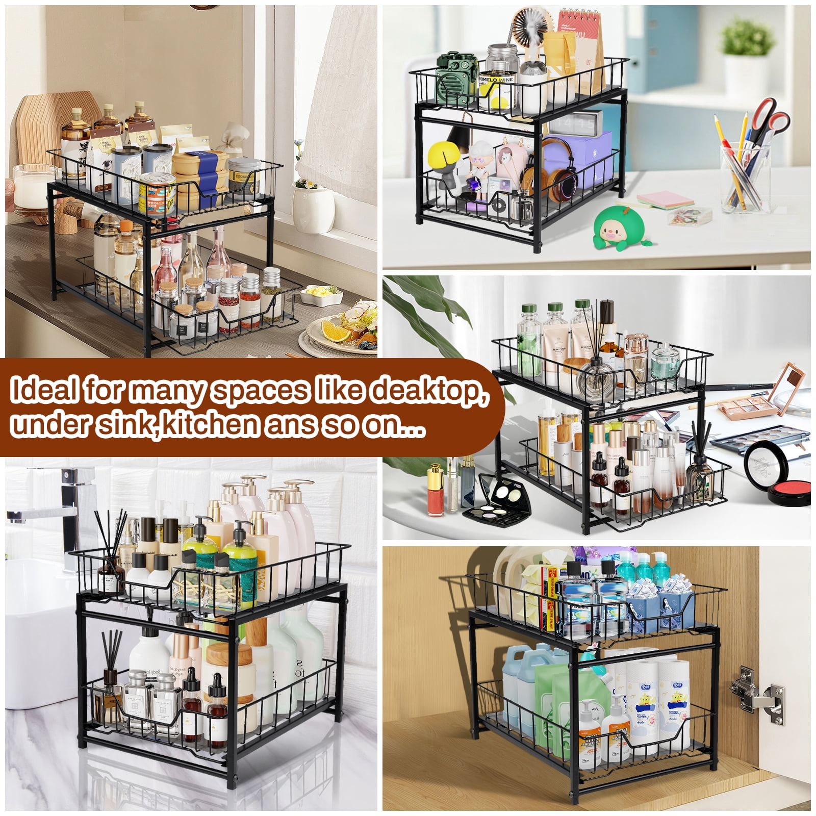 NUBILY Under Sink Organizer 2 Tier Pull Out Rustproof Sliding Drawer for Kitchen Bathroom Cabinet Black