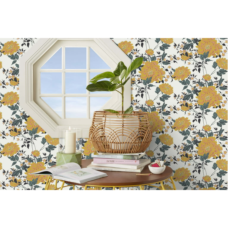yellow and grey floral wallpaper