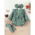 thumbnail image 3 of Baby Girls 3Pcs Fall Outfits, 3 6 9 12M Long Sleeve Button Front Ruffle Romper + Socks + Headband Set, 3 of 10