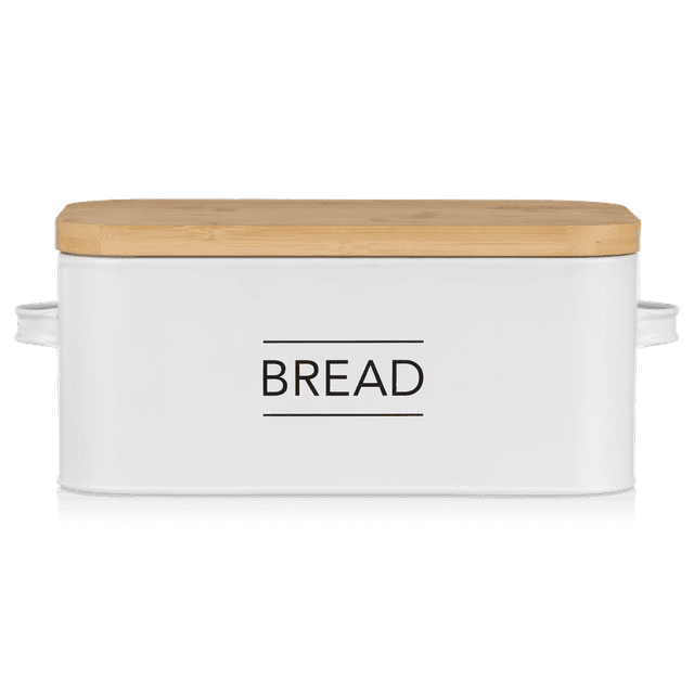 Bouclair White Metal Bread Box with Bamboo Lid