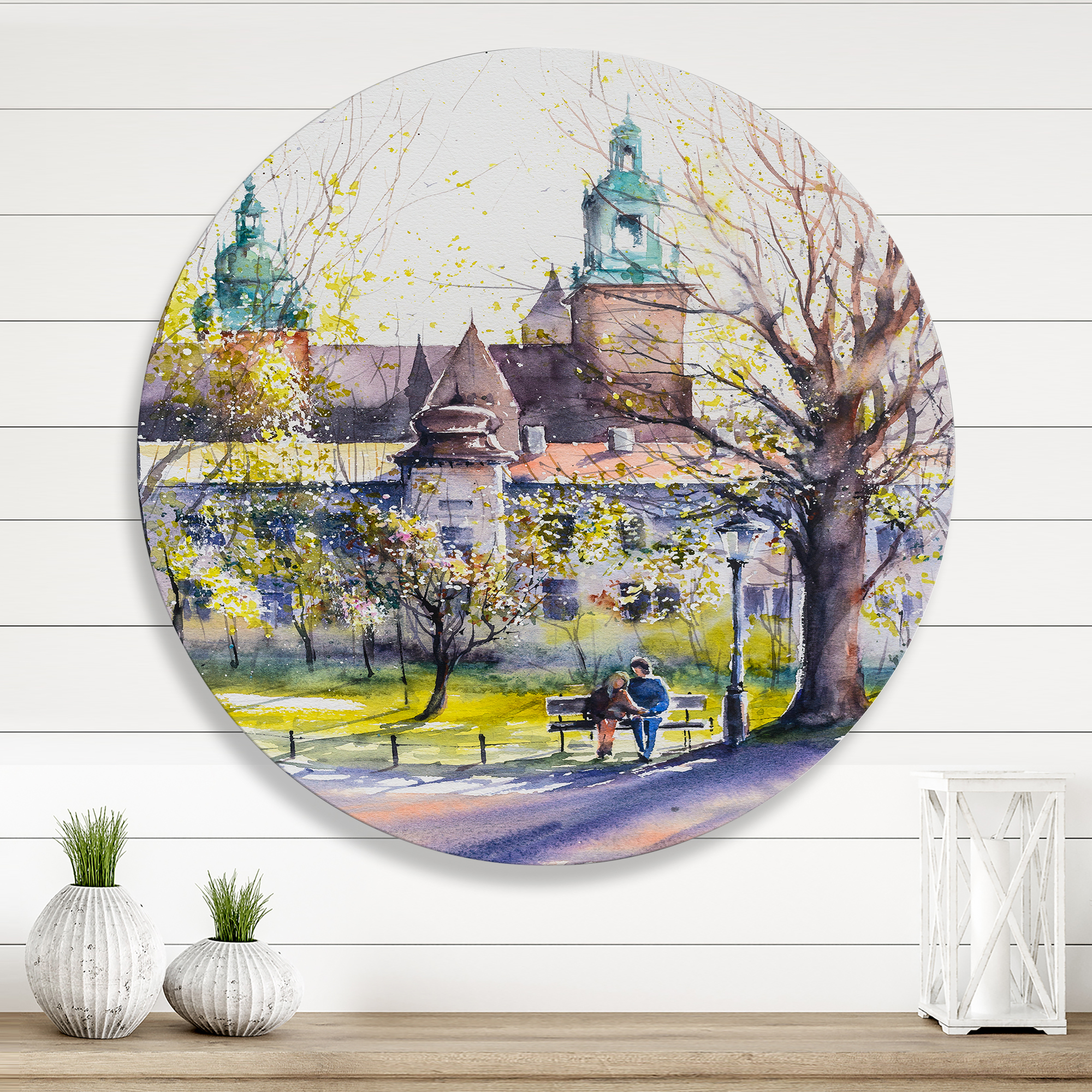 Designart 'Castel Through The Trees of The Park With Couple Sitting on Bench' Country Circle Metal Wall Art 11x11 - Disc of 11
