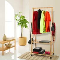 Ktaxon Bamboo Clothes Hanger Rack Coat and Hat Storage Shelves Shoe Cabinet Rolling