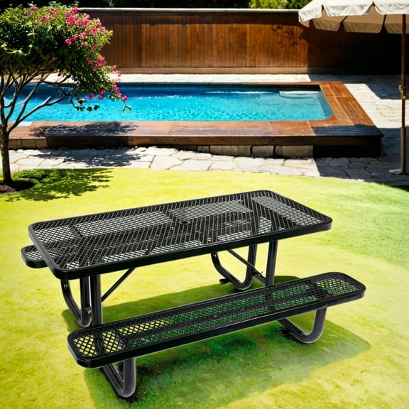Miekor Furniture 6 Ft. Rectangular Outdoor Steel Picnic Table With Umbrella Pole In Black 65813