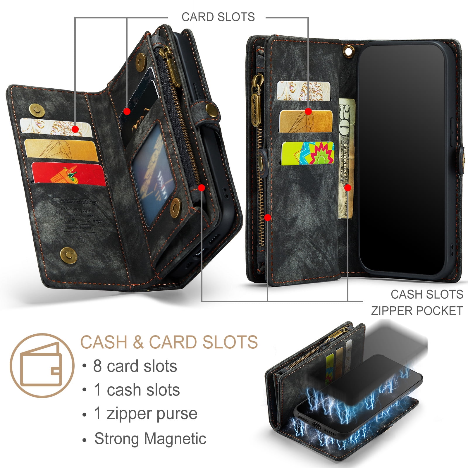 Feishell Durable 2-In-1 Magnetic Detachable Wallet Case for iPhone 11,for Women Men,Premium PU Leather Zipper Pocket Flip Multi Card Slots Purse Phone Case with Wrist Strap,Black