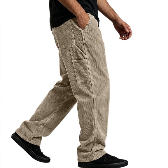 LODIENY Corduroy Pants for Men with Pockets Drawstring Elastic Waist Straight Wide Leg Baggy Casual Sweatpants Khaki M