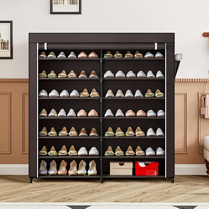 Double Row 7-Tier Shoe Rack with Dust Cover, Space-Saving Large Capacity Shoe Storage Cabinet, Easy Assemble Portable Organizer for Entryway, Home, Dorm