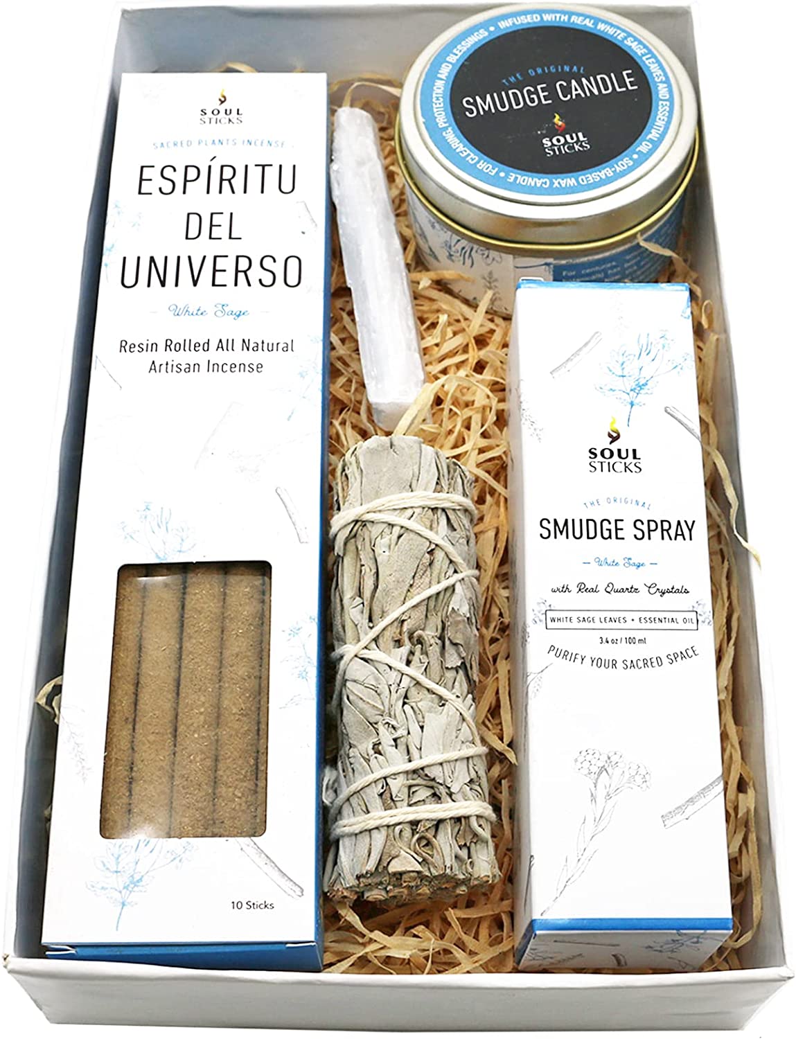 Soul Sticks Shaman's Kit White Sage Gift Set with Espiritu Incense Sticks, Sage Smudge Stick, Smudge Candle, Smudge Spray, 4" Selenite Wand in White Gift Box