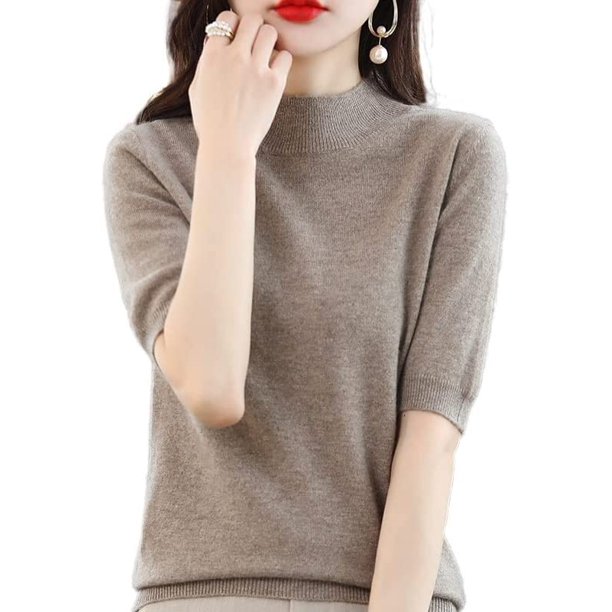 Xishao Suéter de punto de lana de cachemira con cuello redondo para mujer, manga corta, holgado, color liso, casual Xishao ropa