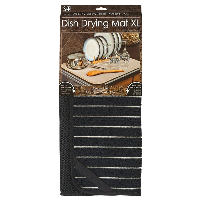 Microfiber Dish Drying Mat Reverses to Mesh, 2 Piece Set, Black 