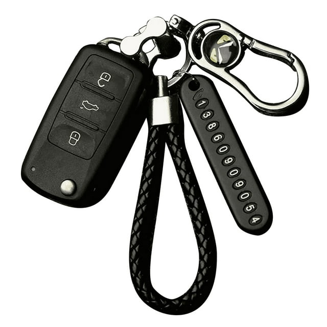 Anti-lost phone number plate car keychain pendant with a black braided lanyard, a phone number card displaying digits, and a sturdy metal clasp. Ideal for car parking, key loss prevention, pet identification, and as a keyless entry accessory. Includes six groups of phone numbers.