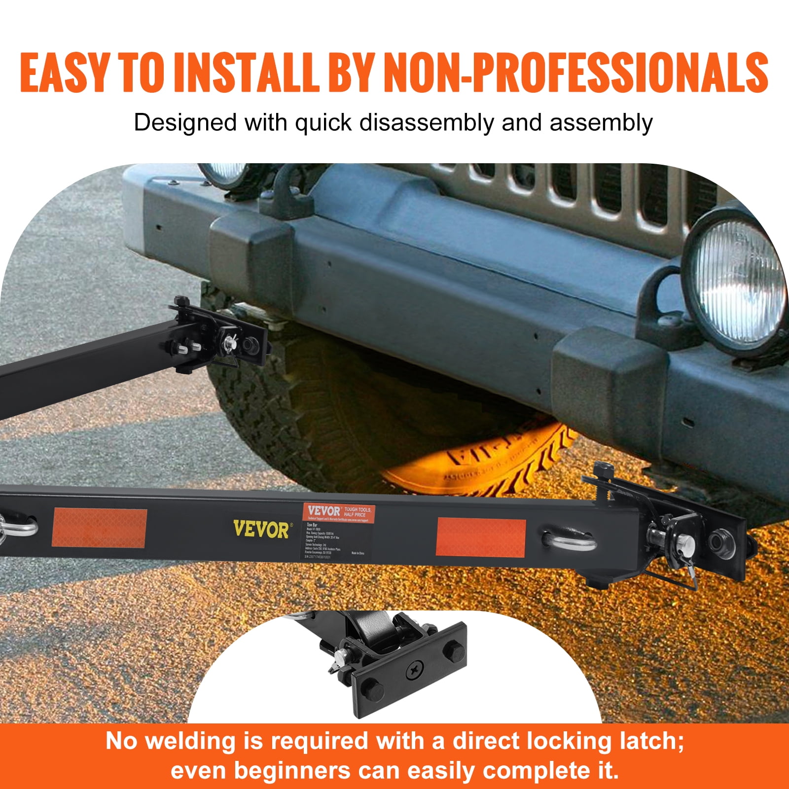 VEVOR Tow Bar, 5500 lbs Towing Capacity with Chains, Powder-Coating Alloy Steel Bumper-Mounted Universal Towing Bar, Coupler Fits 2-Inch Ball Hitch, 39.4-Inch Opening Width, for RV Car Trailer Truck