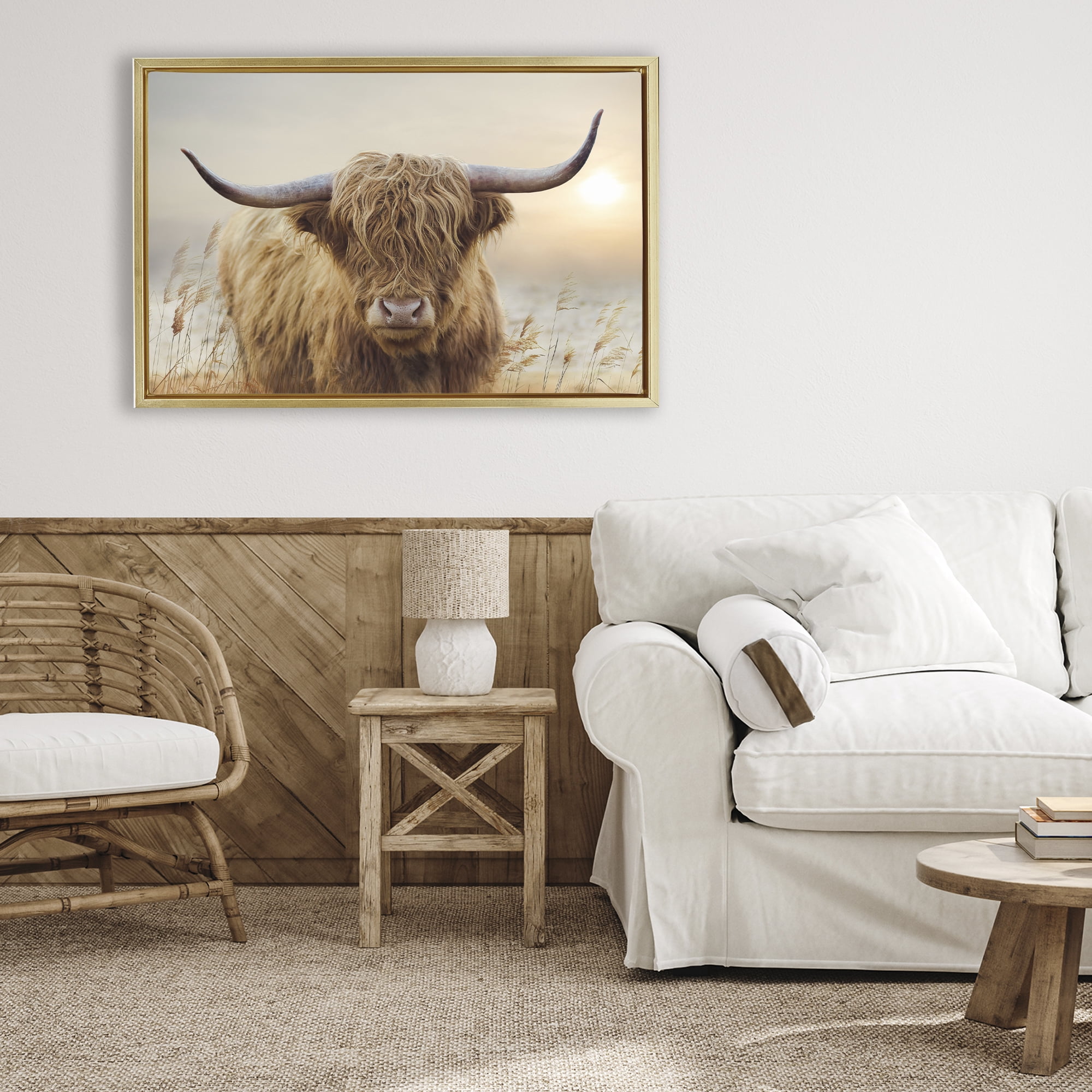 Stupell Industries Highland Cow & Warm Sunset Gold Framed Floater Canvas Wall Art, design by CAD Designs