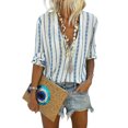 thumbnail image 1 of Women's Black/Sky Blue/Yellow/Green V Neck Striped Button Down Blouse, 1 of 3