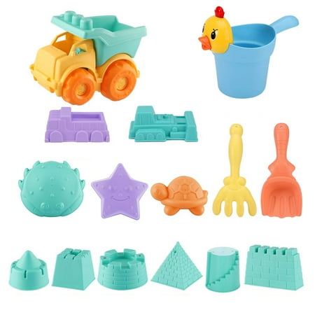 15pcs Toddlers Beach Toys Kids Beach Sand Toy Set with Dump Truck Duck Bucket and Mesh Bag Soft Plastic
