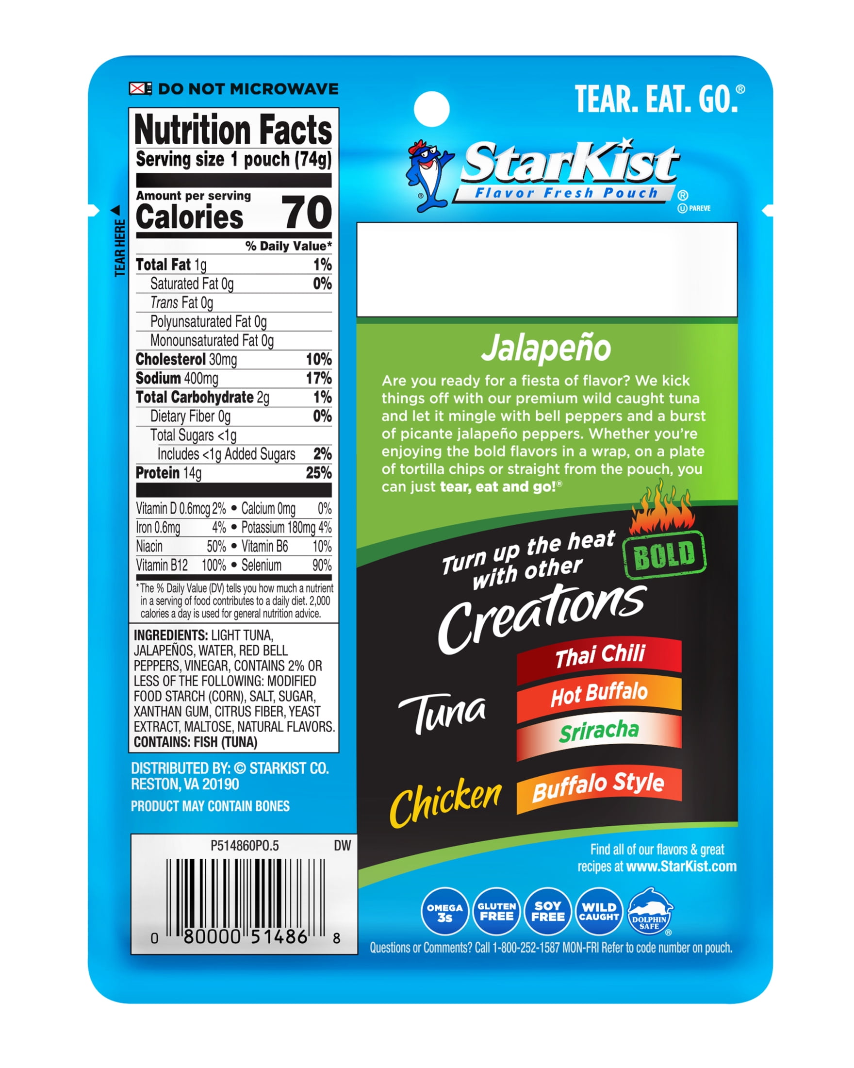 (6 pack) StarKist Tuna Creations BOLD Jalapeno, Wild Caught, 14g Protein, 2.6 oz Pouch