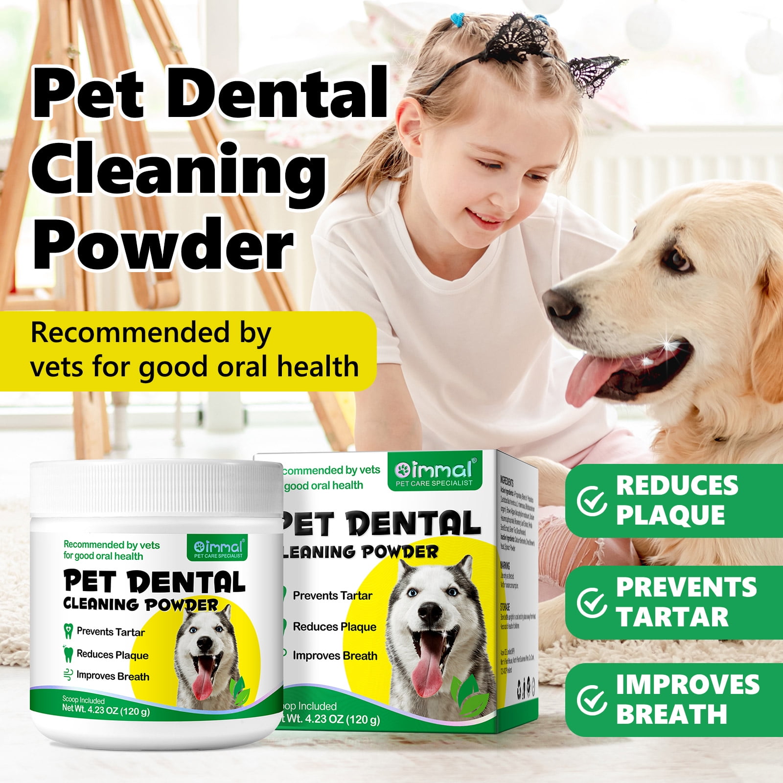 Oimmal Dog Teeth Cleaning Powder, Dog Breath Freshener, Dog Tartar Remover for Teeth with Probiotics, 120g*2 Pack