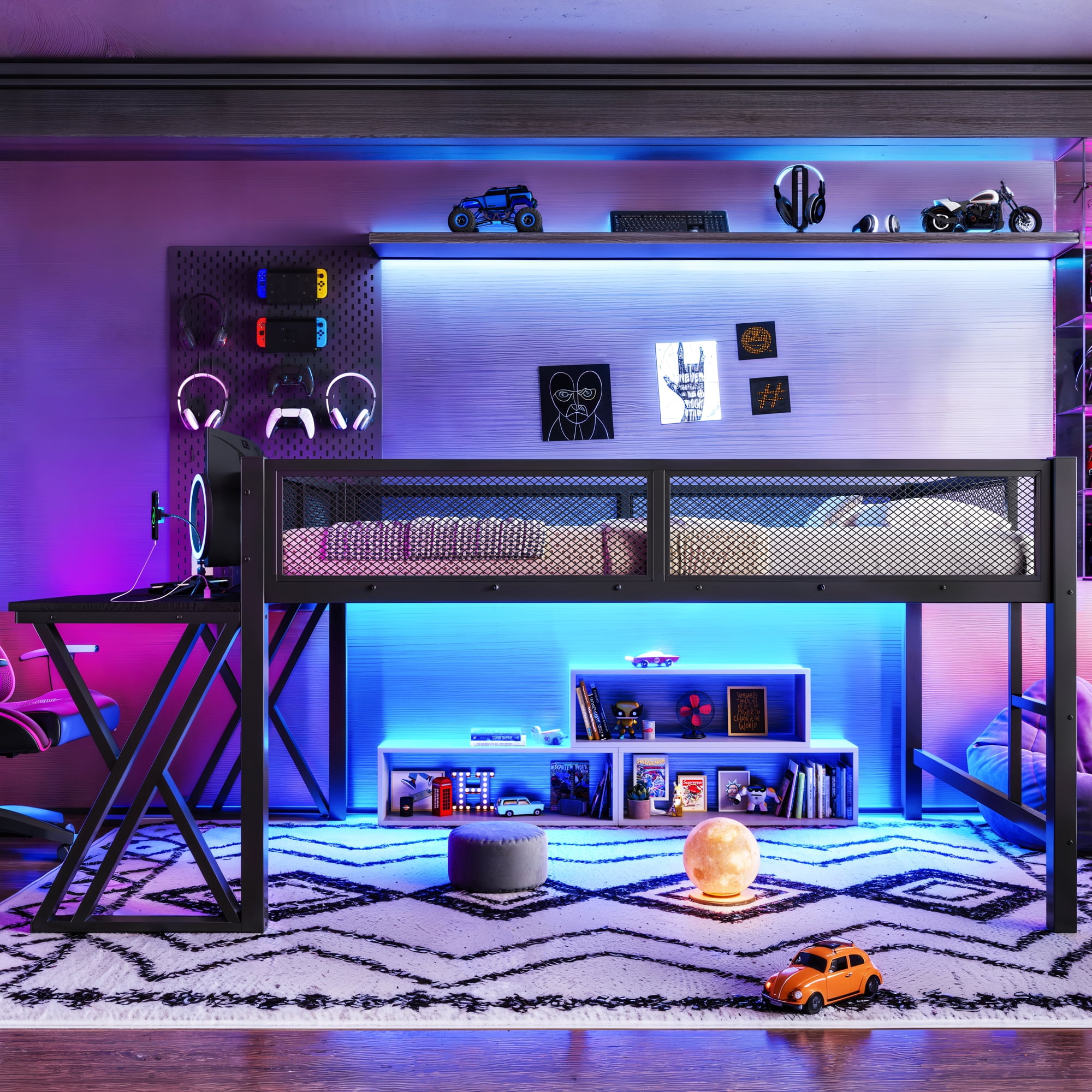 Leumius Full Size Loft Bed with Gaming Desk,Metal Loft Bed Frame with Full Length Guardrail,LED Lights and USB Ports,Space-Saving,Black