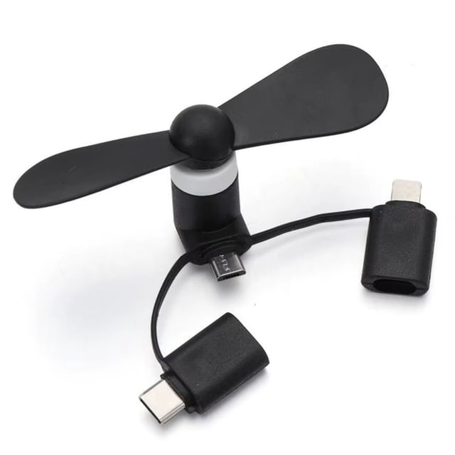 Mini Ventilador Celular 3 en 1 Tipo C Micro USB V8 Lightning Negro