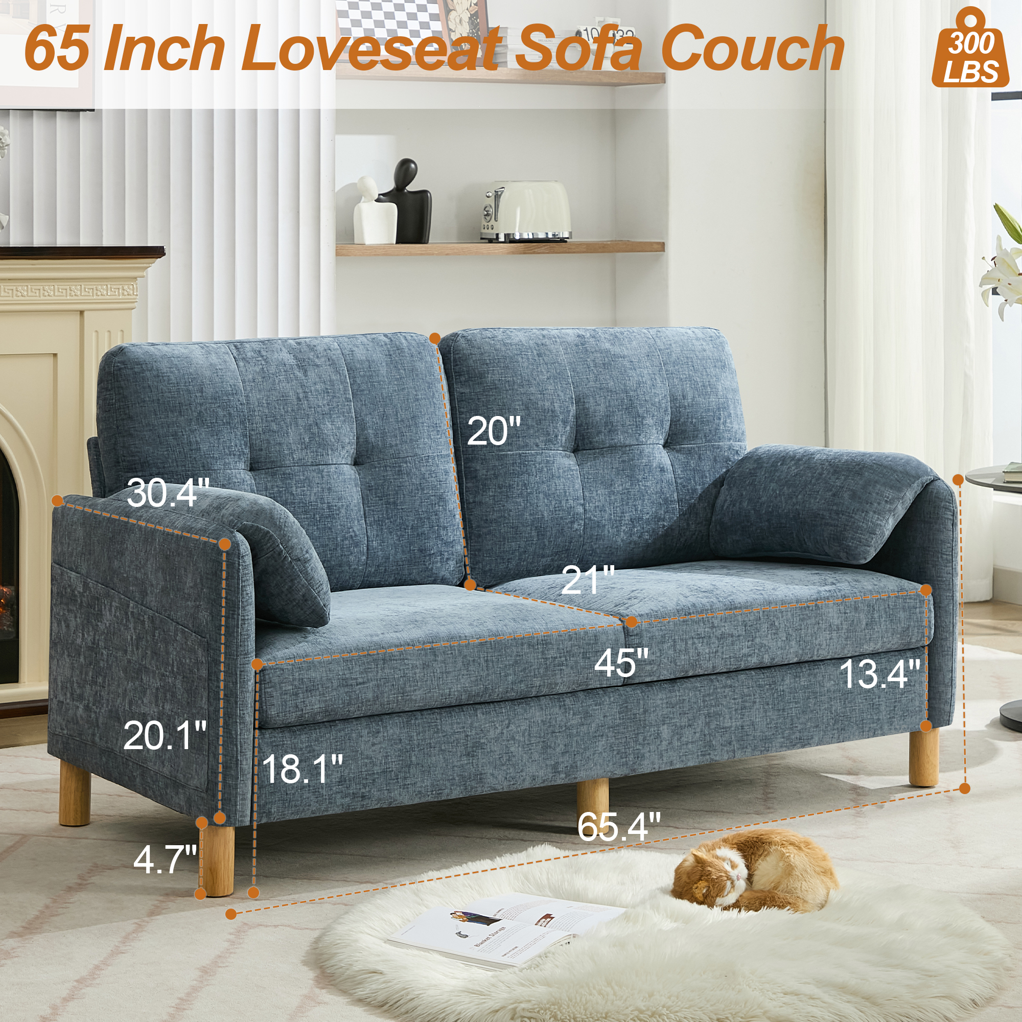 65" Chenille Loveseat Sofa, Modern 2-Seater with Armrest Pillows & Side Storage Pockets, Tufted Upholstered Loveseat for Living Room or Bedroom, Blue