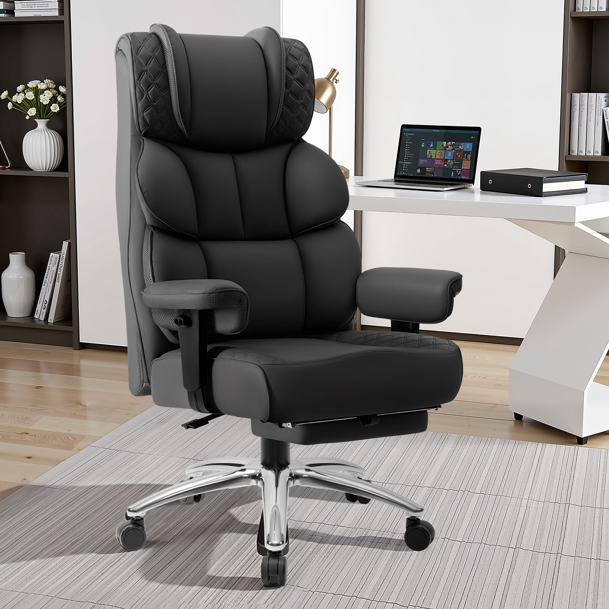 CoolHut Big and Tall Office Chair 400LBS, Adjustable Headrest Ergonomic Computer Desk Chair, Executive Leather Chair with Adjustable Armrest, High Back Office Chair Havy Duty Design, Black