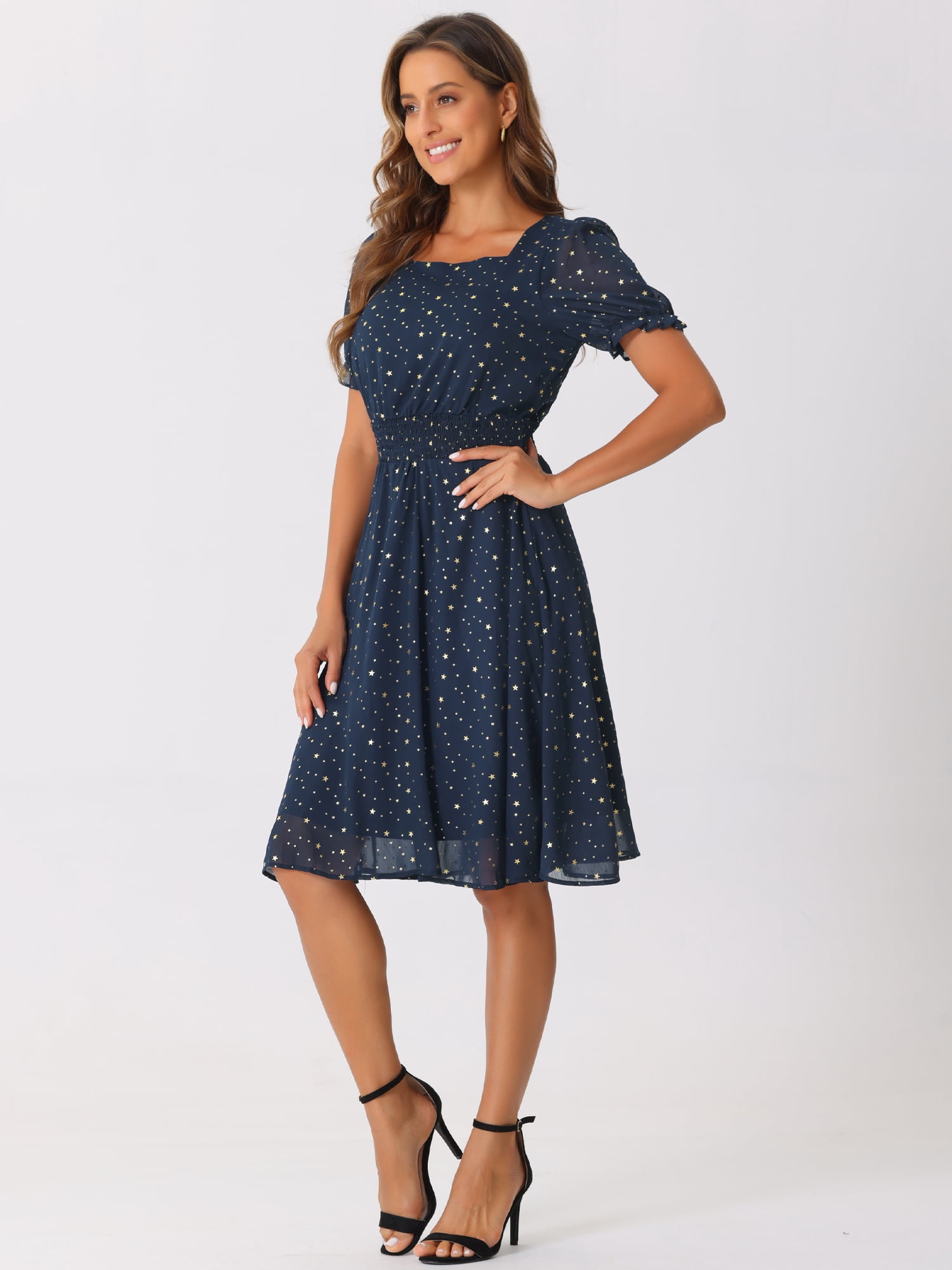 DARING DIVA Ruffle Short Sleeve Metallic Stars Dress S Dark Blue