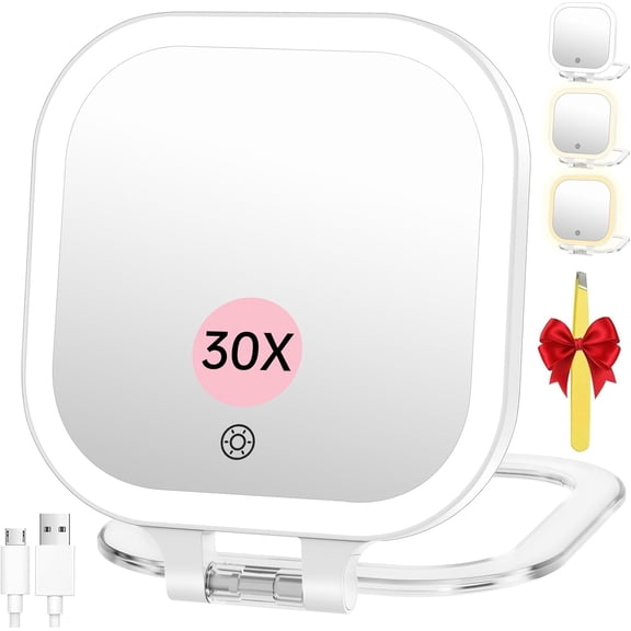 Rechargeable Travel Makeup Mirror 30X Magnification, 7" Lighted Portable Vanity with 3 Colors Lighting & Stepless Dimming, Double Sided LED Mirror, Gift for Women (White)