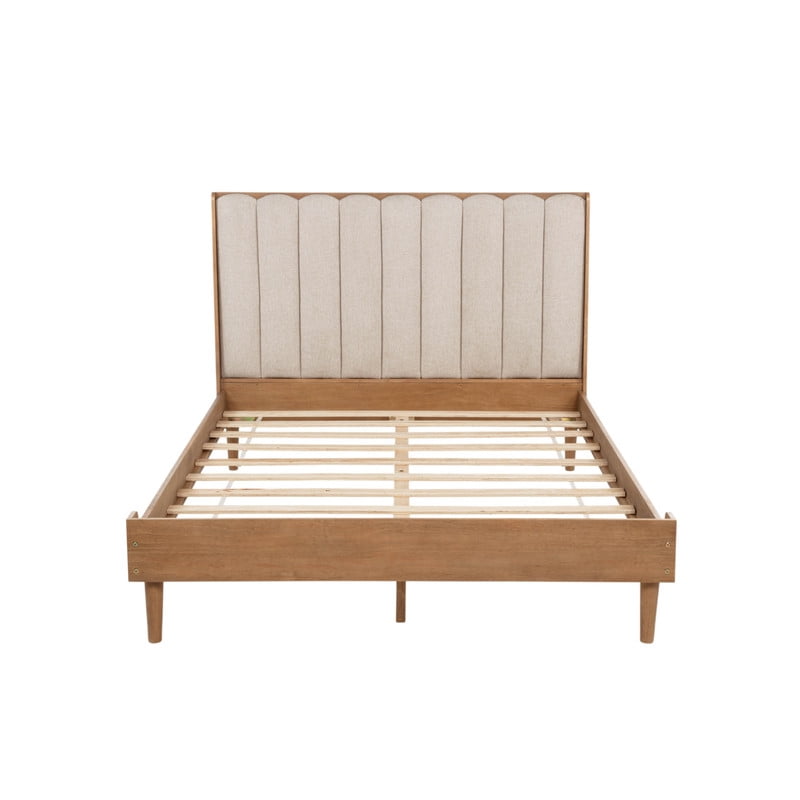 Queen Size Wood Bed Frame with Piano Key Designed Upholstered Tall Headboard, Low-Profile Platform Bed with Under-Bed Space