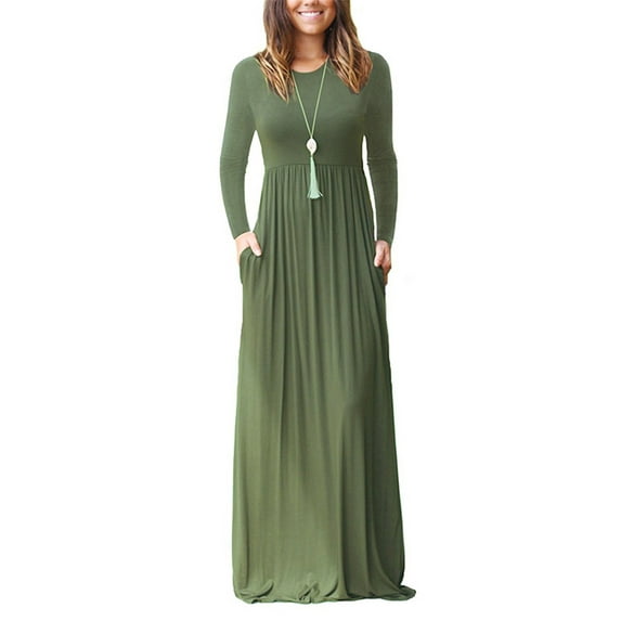 Glookwis Women Crew Neck Dress Kaftan Maxi Dresses Casual Swing With Pockets Solid Color Grass Green L