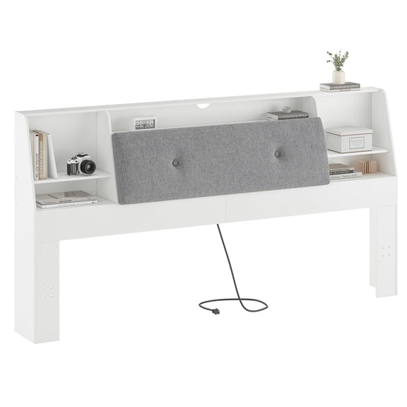 Someet 2 in 1 King Size Removable Upholstered Bookcase Headboard with 2 USB & 2 Type-C Port & Power Outlets & LED Light, White