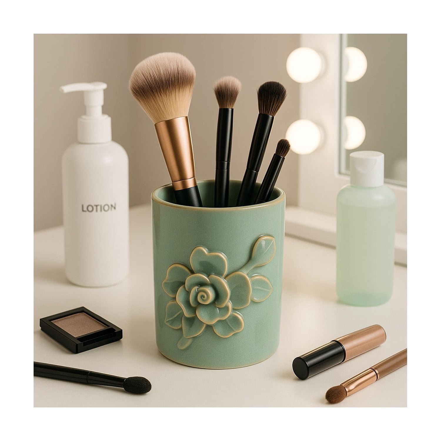 Rose Ceramic Desk Organizer for Workspace Display - Decorative Small Desk Accessory for Office Storage Accent - Complements and Verstaile Usage for Bathroom, Bedroom, or Home Decor - 4", Green