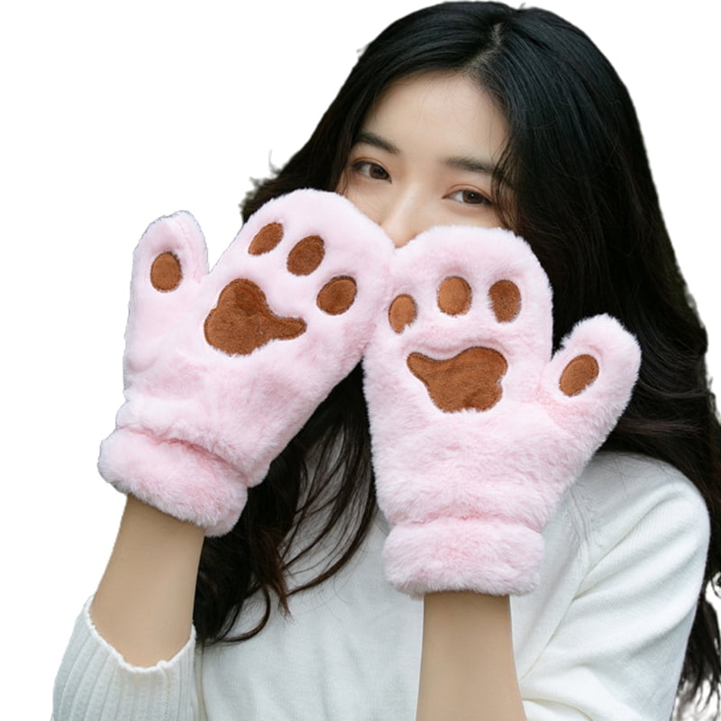 BAOBAO Womens Fluffy Fur Knit Gloves Fingerless Thumb Hole Warm Winter Mittens