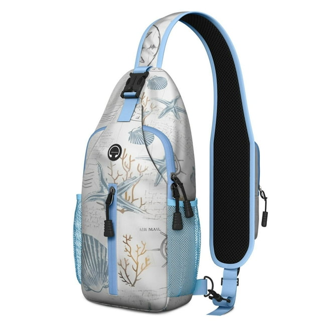 Vintage Starfish and Seashells Sling Backpack with Mermaid and Anchor Nautical Print, Lightweight Crossbody Daypack with Adjustable Strap, Multiple Compartments for Beach and Seaside Use
