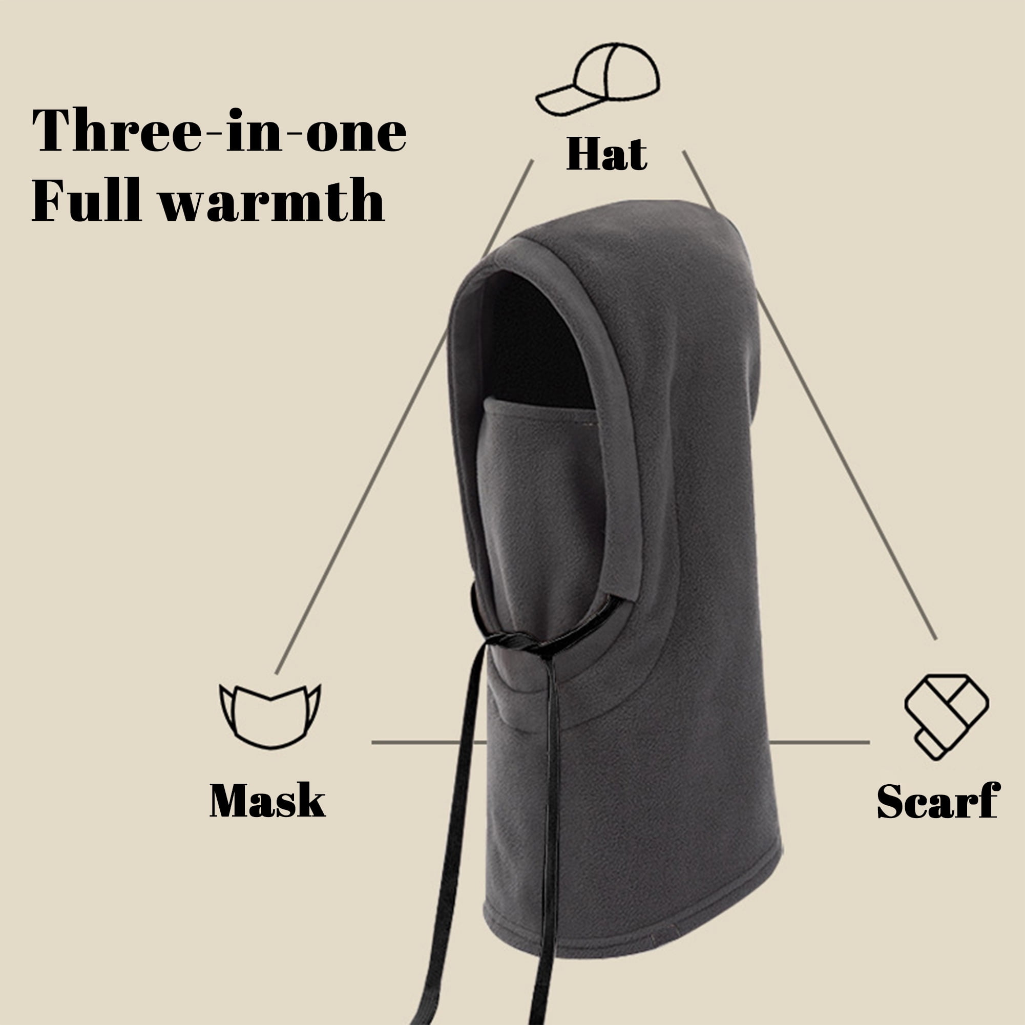 Winter Cycling Hat Windproof Hat Cold-Proof Hat Ski Warm Hat Mask Hat Neck Cover all-in-one Hat Plus Velvet Thickened Head Cover,Gray