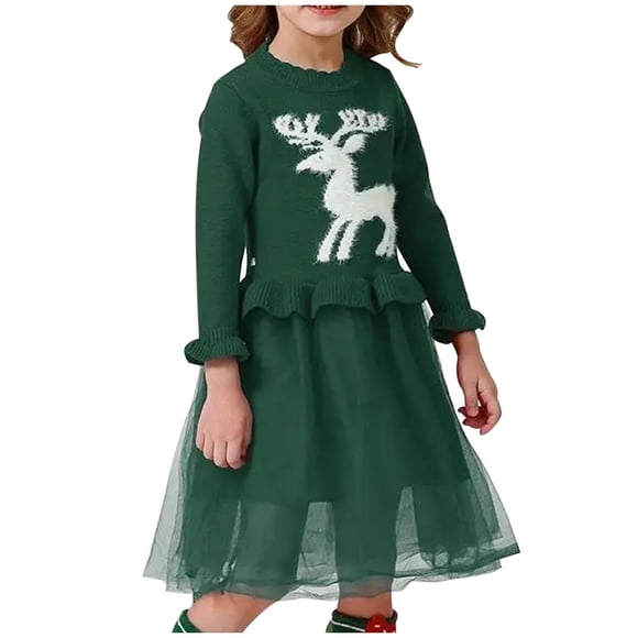 Girls Christmas Dress Knit Mesh Patchwork Ruffled Red Long Sleeve Crewneck Reindeer Red Sweater Tulle Dress (5T, Green)