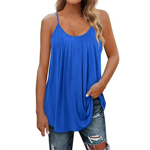 Baqcunre Women Pleated Spaghetti Strap Camisole Casual Sleeveless Fashion Shirt Womens Clothes Tank Tops for Women 2023 Shirts for Women Womens Tops,Blue,L