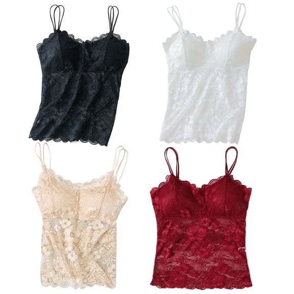4 Pack Women's Lace Camisole Vest - Breathable Lace Bralette Floral Seamless Back Top with Built-in Pads for Daily Wear, M-2XL