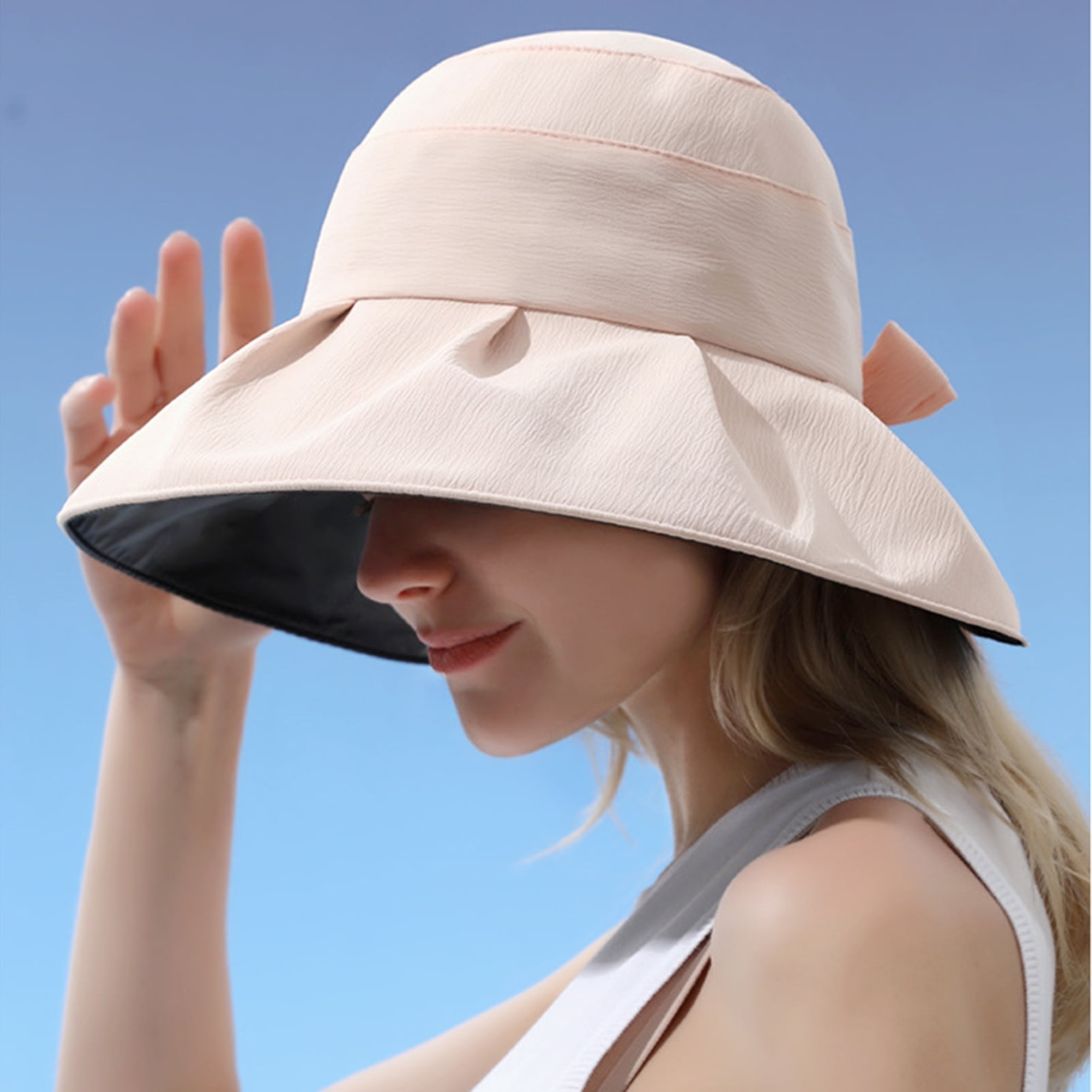 CXDa Women Sun Hat Anti-UV Round Solid Color Sunscreen Bow-knot