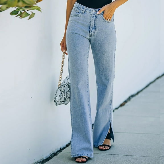YanHoo Women's Wide Leg Jeans High Waisted Stretchy Pockets Denim Pants Split Bottom Loose Fit Straight Leg Jeans Trousers Sky Blue,XXL