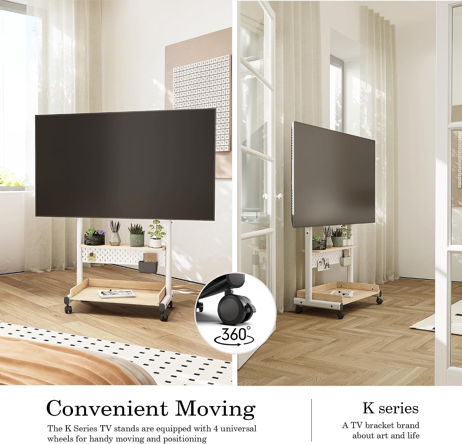 FITUEYES Rolling TV Stand for 40–85 Inch TVs, White, Wood Shelf & Pegboard