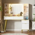 thumbnail image 2 of PAKASEPT Fluted Vanity Desk with Mirror and Lights, 47" Big Modern Vanity Desk with Glass Tabletop, Vanity Table with Charging Station, 4 Drawers, Shelves, RGB Glass Cabinet, for Bedroom, White, 2 of 7
