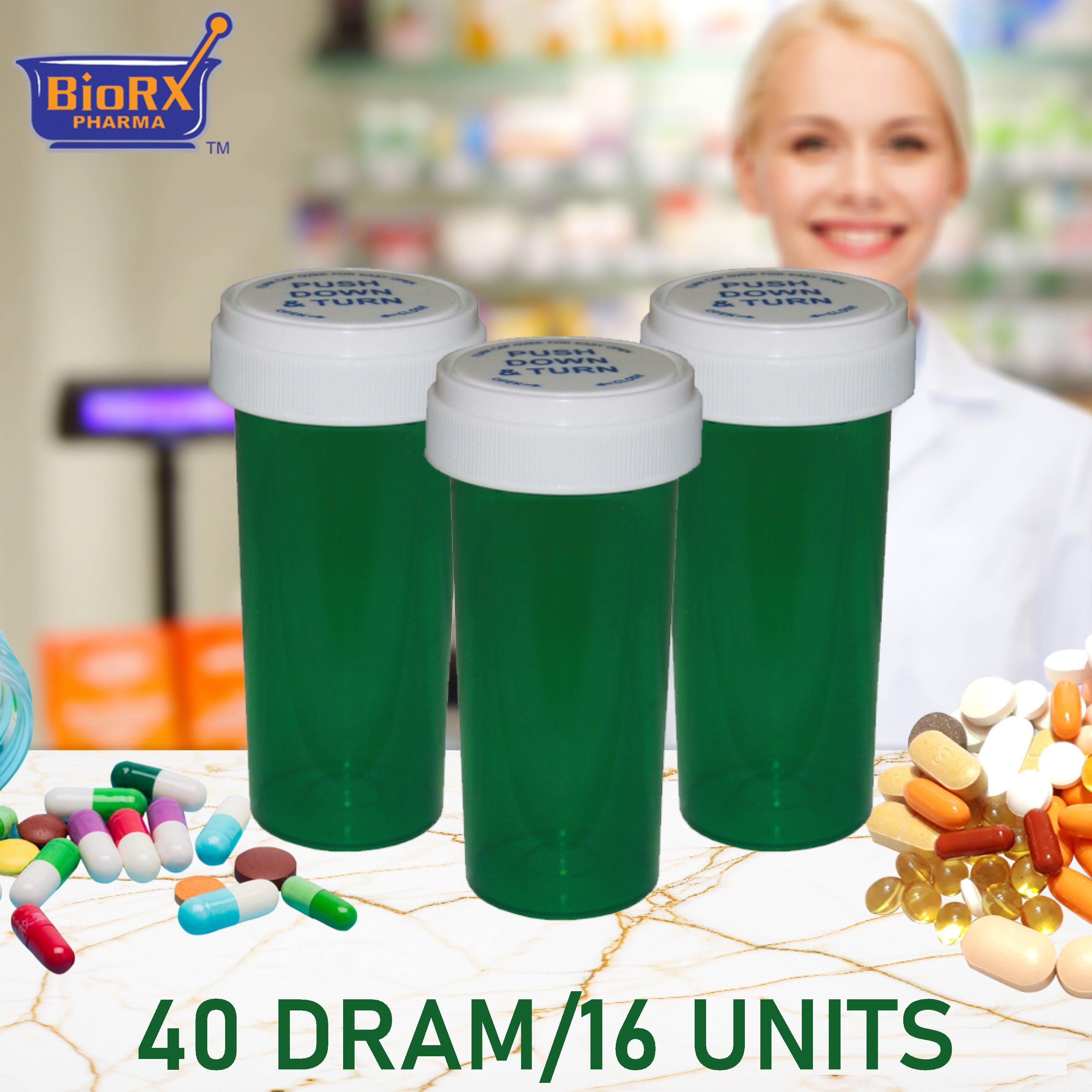 Prescription Pharmacy Vials GreenChild Resistant Medicine Bottle 40