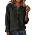 thumbnail image 3 of Feancey Women's Long Sleeve Button Down Shirts Dressy Casual V Neck Blouse Loose Fit Collarless Work Shirt Breathable Lightweight Vacation Shirts Dark Gray S, 3 of 10