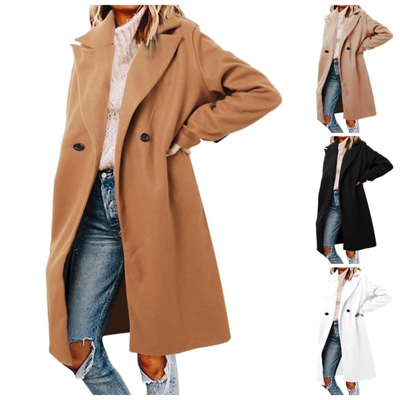 Women's Notch Lapel Wool Coat Elegant Double Mid Long Trench Jackets Black