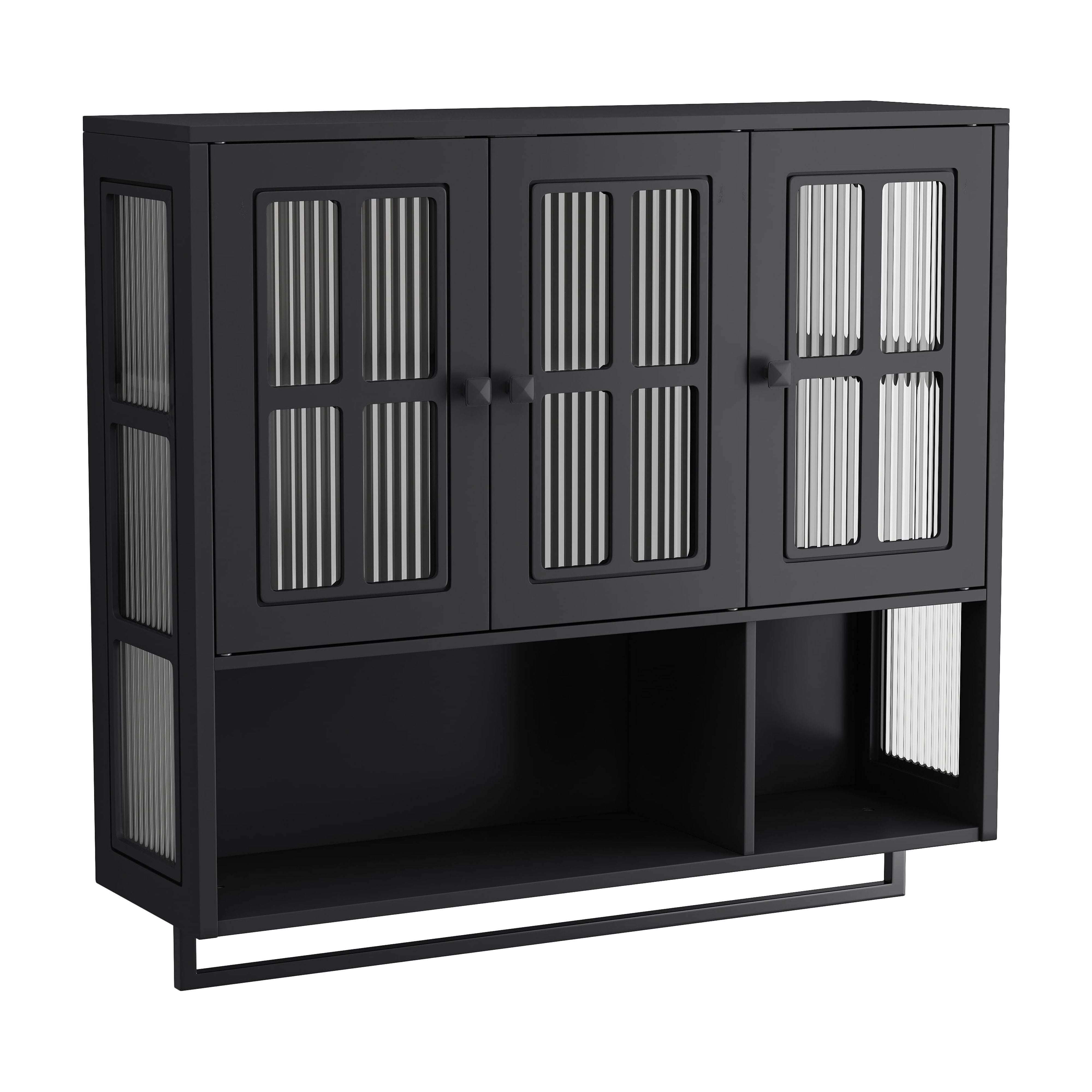 Bathroom Wall Cabinet, 3-Door Wooden Wall Cabinet with Open and Hidden Storage Space, Medicine Cabinet with Glass Door and Towel Bar for Entryway Living Room Bathroom Dining Room