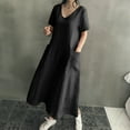 thumbnail image 7 of Wycnly Summer Dresses for Women Casual Soft Cotton Linen Plus Size Swing Tunic Maxi Dresses with Pocket 2024 Short Sleeve V-Neck Solid Long Formal Dress Black XXXL, 7 of 7