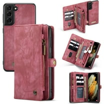 Samsung Galaxy S21 Case, Dteck Heavy Duty Zipper Purse 2 in 1 Premium Leather Folio Magnetic Wallet Credit Card Slot Shock Protection Removable Phone Cover for Samsung Galaxy S21 6.2", Red