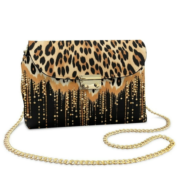 SCRAWLGOD Leopard Pearl Print Beige Black Crossbody Bags for Women Trendy PU Leather Shoulder Handbags Purses for Women with Detachable Chain Strap