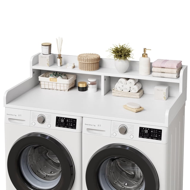 54" Washer Dryer Countertop with 2-Tier Shelf & 2 Drawers, Wooden Laundry Countertop with Non-Slip Pad and Guard Rails Washer and Dryer Topper for Laundry Room Organization and Storage